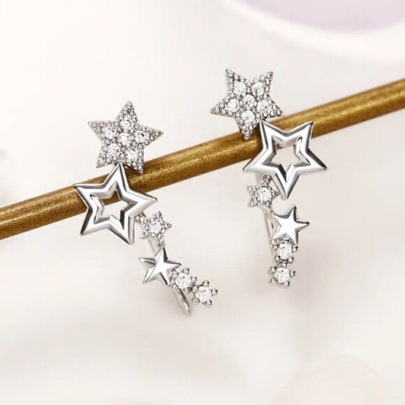 DIAMOND STAR EAR CRAWLER EAR JACKET EAR HUGGER EARRINGS - Picture 3 of 4
